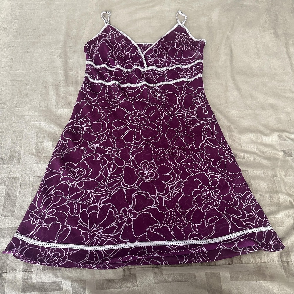 Purple Floral Slip Dress Chemise Nightie MED V Neck Spaghetti Strap Mini Chiffon